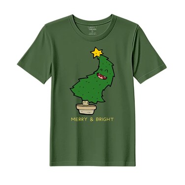 BYFT Threads Large Forest ELF Green Polycotton T-Shirt - Christmas "Merry &amp; Bright" Printed Design, Premium Holiday Collection