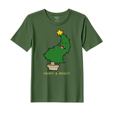 BYFT Threads XL Forest ELF Green Polycotton T-Shirt - Christmas "Merry &amp; Bright" Printed Design, Premium Holiday Collection