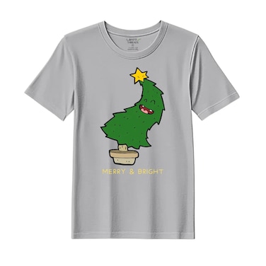 BYFT Threads XXL Grey Polycotton T-Shirt - Christmas "Merry &amp; Bright" Printed Design, Premium Holiday Collection