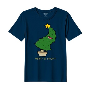 BYFT Threads XXL Navy Blue Polycotton T-Shirt - Christmas "Merry &amp; Bright" Printed Design, Premium Holiday Collection