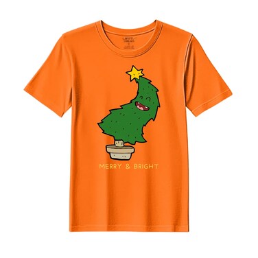BYFT Threads Large Orange Polycotton T-Shirt - Christmas "Merry &amp; Bright" Printed Design, Premium Holiday Collection