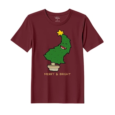 BYFT Threads XL Pomegranate Polycotton T-Shirt - Christmas "Merry &amp; Bright" Printed Design, Premium Holiday Collection