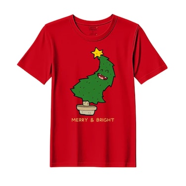 BYFT Threads XXL Red Polycotton T-Shirt - Christmas "Merry &amp; Bright" Printed Design, Premium Holiday Collection