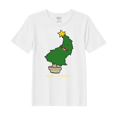 BYFT Threads Medium White Polycotton T-Shirt - Christmas "Merry &amp; Bright" Printed Design, Premium Holiday Collection