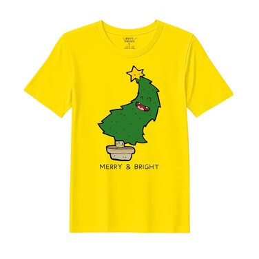 BYFT Threads XL Yellow Polycotton T-Shirt - Christmas "Merry &amp; Bright" Printed Design, Premium Holiday Collection