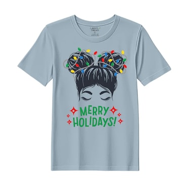 BYFT Threads Medium Baby Blue Polycotton T-Shirt - Christmas "Merry Holidays" Printed Design, Premium Holiday Collection