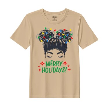 BYFT Threads Medium Beige Polycotton T-Shirt - Christmas "Merry Holidays" Printed Design, Premium Holiday Collection
