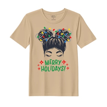 BYFT Threads XXL Beige Polycotton T-Shirt - Christmas "Merry Holidays" Printed Design, Premium Holiday Collection