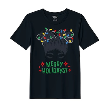 BYFT Threads Medium Black Polycotton T-Shirt - Christmas "Merry Holidays" Printed Design, Premium Holiday Collection