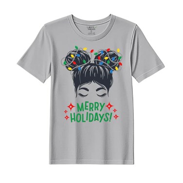 BYFT Threads Large Grey Polycotton T-Shirt - Christmas "Merry Holidays" Printed Design, Premium Holiday Collection