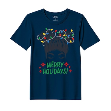 BYFT Threads Large Navy Blue Polycotton T-Shirt - Christmas "Merry Holidays" Printed Design, Premium Holiday Collection