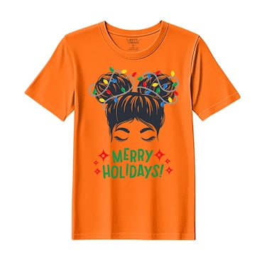 BYFT Threads Medium Orange Polycotton T-Shirt - Christmas "Merry Holidays" Printed Design, Premium Holiday Collection