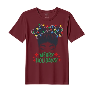 BYFT Threads Medium Pomegranate Polycotton T-Shirt - Christmas "Merry Holidays" Printed Design, Premium Holiday Collection