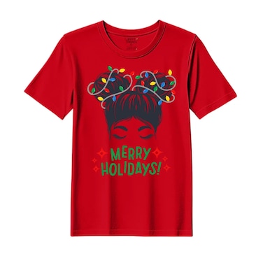 BYFT Threads Large Red Polycotton T-Shirt - Christmas "Merry Holidays" Printed Design, Premium Holiday Collection