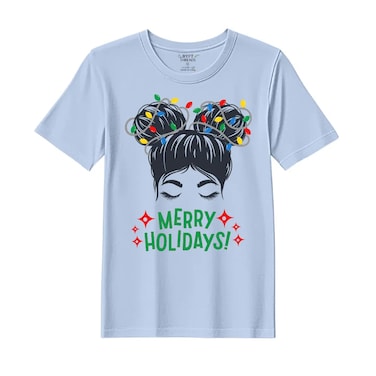 BYFT Threads XL Sky Blue Polycotton T-Shirt - Christmas "Merry Holidays" Printed Design, Premium Holiday Collection