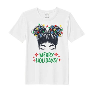 BYFT Threads Large White Polycotton T-Shirt - Christmas "Merry Holidays" Printed Design, Premium Holiday Collection