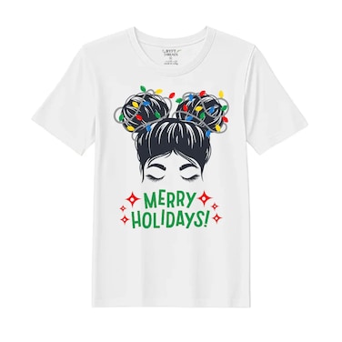 BYFT Threads XL White Polycotton T-Shirt - Christmas "Merry Holidays" Printed Design, Premium Holiday Collection