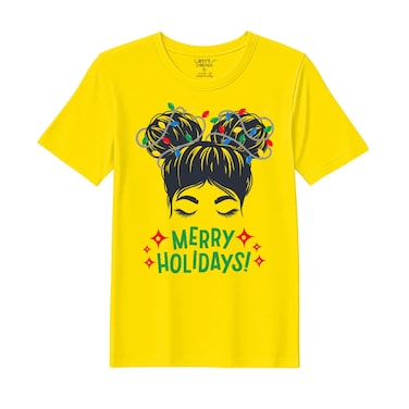 BYFT Threads XXL Yellow Polycotton T-Shirt - Christmas "Merry Holidays" Printed Design, Premium Holiday Collection
