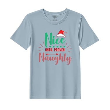 BYFT Threads Large Baby Blue Polycotton T-Shirt - Christmas "Nice untill proven Naughty" Printed Design, Premium Holiday Collection