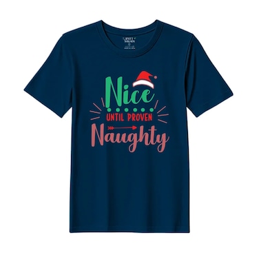 BYFT Threads XL Navy Blue Polycotton T-Shirt - Christmas "Nice untill proven Naughty" Printed Design, Premium Holiday Collection