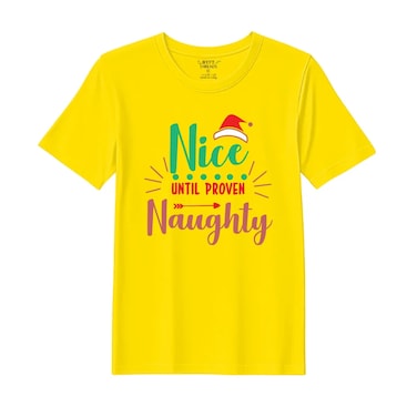 BYFT Threads XL Yellow Polycotton T-Shirt - Christmas "Nice untill proven Naughty" Printed Design, Premium Holiday Collection