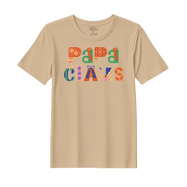 BYFT Threads Large Beige Polycotton T-Shirt - Christmas "Papa Claus" Printed Design, Premium Holiday Collection