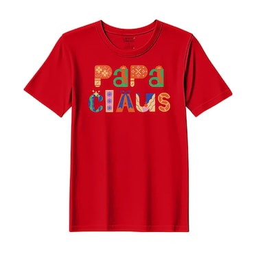 BYFT Threads Medium Red Polycotton T-Shirt - Christmas "Papa Claus" Printed Design, Premium Holiday Collection