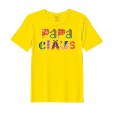 BYFT Threads XL Yellow Polycotton T-Shirt - Christmas "Papa Claus" Printed Design, Premium Holiday Collection