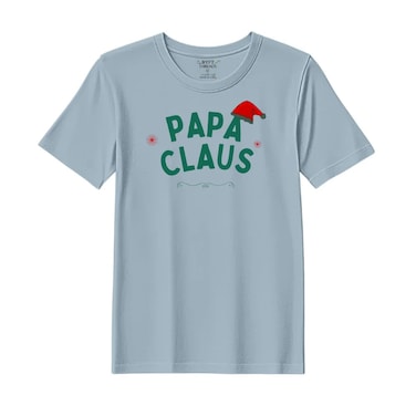 BYFT Threads Medium Baby Blue Polycotton T-Shirt - Christmas "Papa Claus Hat" Printed Design, Premium Holiday Collection