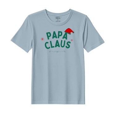 BYFT Threads Large Baby Blue Polycotton T-Shirt - Christmas "Papa Claus Hat" Printed Design, Premium Holiday Collection