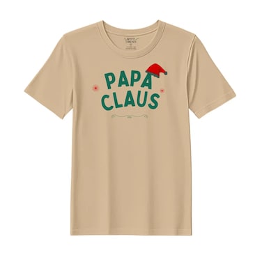 BYFT Threads XL Beige Polycotton T-Shirt - Christmas "Papa Claus Hat" Printed Design, Premium Holiday Collection