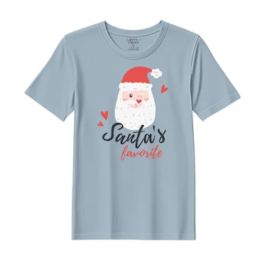 BYFT Threads Medium Baby Blue Polycotton T-Shirt - Christmas "Santa's Favorite" Printed Design, Premium Holiday Collection