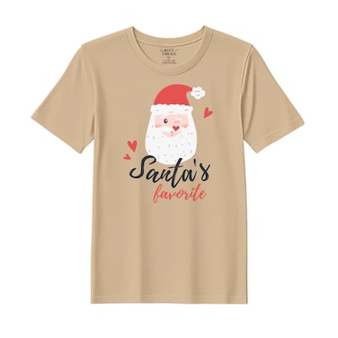 BYFT Threads Large Beige Polycotton T-Shirt - Christmas "Santa's Favorite" Printed Design, Premium Holiday Collection