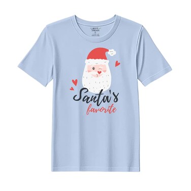 BYFT Threads Medium Sky Blue Polycotton T-Shirt - Christmas "Santa's Favorite" Printed Design, Premium Holiday Collection