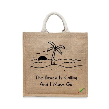 BYFT Tote Bag - The Beach is Calling Printed Stylish Carry-All Laminated Jute Bag With Gusset Set of 01