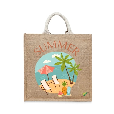 BYFT Tote Bag - Summer Beach Printed Stylish Carry-All Laminated Jute Bag With Gusset Set of 01