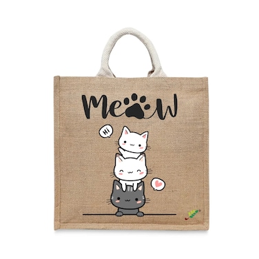 BYFT Tote Bag - Hi Meow Printed Stylish Carry-All Laminated Jute Bag With Gusset Set of 01