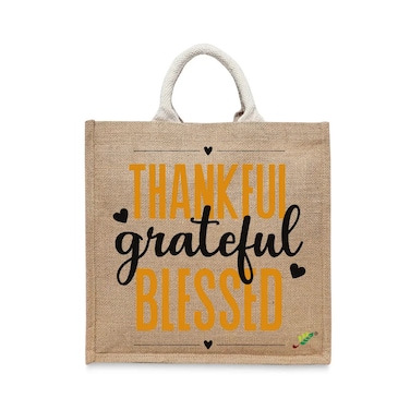 BYFT Tote Bag - Thankful Grateful Blessed Printed Stylish Carry-All Laminated Jute Bag With Gusset Set of 01