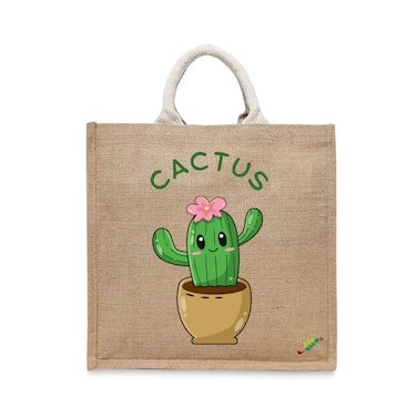 BYFT Tote Bag - Happy Cactus Printed Stylish Carry-All Laminated Jute Bag With Gusset Set of 01