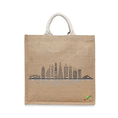 BYFT Tote Bag - Dubai Skyline Printed Stylish Carry-All Laminated Jute Bag With Gusset Set of 01