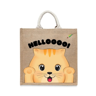 BYFT Tote Bag - Helloooo Printed Stylish Carry-All Laminated Jute Bag With Gusset Set of 01