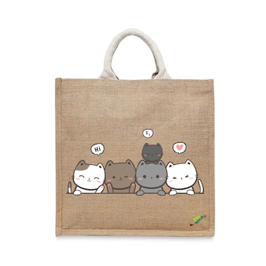 BYFT Tote Bag - Cute Kitty Printed Stylish Carry-All Laminated Jute Bag With Gusset Set of 01