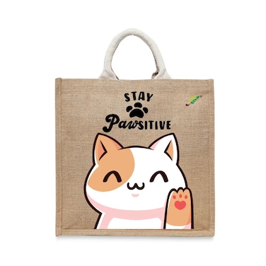 BYFT Tote Bag - Stay Pawsitive Printed Stylish Carry-All Laminated Jute Bag With Gusset Set of 01