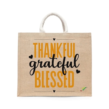 BYFT Tote Bag - Thankful Grateful Blessed Printed Stylish Carry-All Laminated Jute Bag With Gusset Set of 01