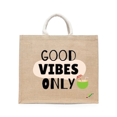 BYFT Tote Bag - Good Vibes Only Printed Stylish Carry-All Laminated Jute Bag With Gusset Set of 01