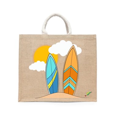 BYFT Tote Bag - Surfboards Printed Stylish Carry-All Laminated Jute Bag With Gusset Set of 01