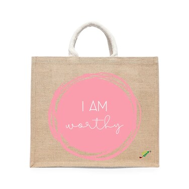 BYFT Tote Bag - I am worthy Printed Stylish Carry-All Laminated Jute Bag With Gusset Set of 01