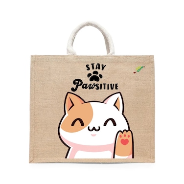 BYFT Tote Bag - Stay Pawsitive Printed Stylish Carry-All Laminated Jute Bag With Gusset Set of 01