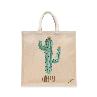 BYFT Tote Bag - Cactus Cheers Printed Stylish Carry-All Laminated Juco Bag With Gusset Set of 01