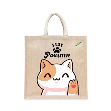 BYFT Tote Bag - Stay Pawsitive Printed Stylish Carry-All Laminated Juco Bag With Gusset Set of 01